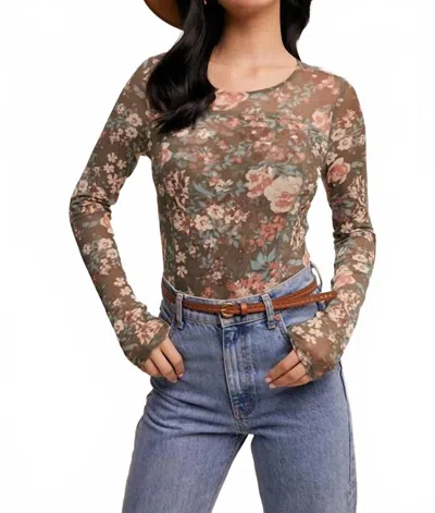 Listicle Nicola Floral Mesh Top In Olive In Green