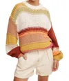 Listicle Open Mixed Knit Slouchy Hand Crochet Sweater In Brick Multi In Multi