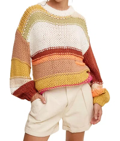 Listicle Open Mixed Knit Slouchy Hand Crochet Sweater In Brick Multi