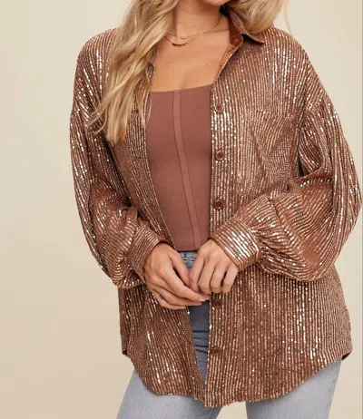 Listicle Oversized Sequin Button Down Shirt In Copper In Multi