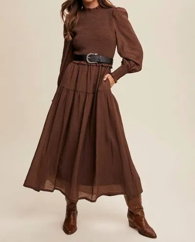 Listicle Peasant Smocked Ruffle Maxi Dress In Mocha In Brown