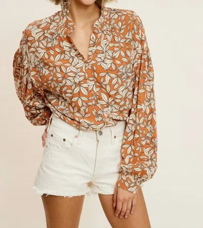 Listicle Phoebe Floral Print Balloon Sleeve Top In Rust In Multi
