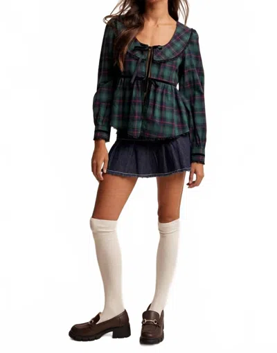 Listicle Plaid Holiday Blouse With Velvet Trim In Green In Blue