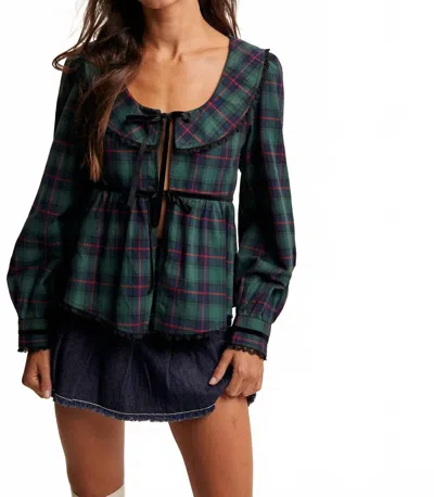 Listicle Plaid Velvet Trim Holiday Blouse In Green