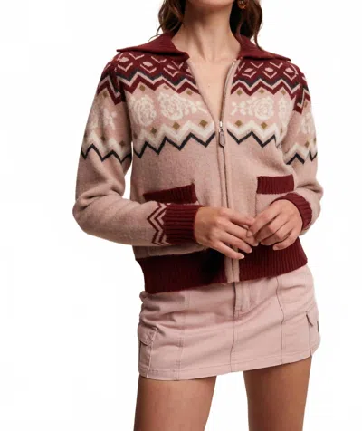 Listicle Retro Floral Knit Zip Up Cardigan In Burgundy Multi In Pink