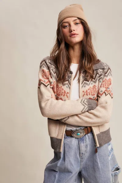 Listicle Retro Floral Knit Zip-up Cardigan In Grey Multi In Neutral
