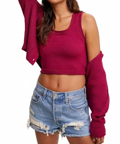Listicle Ribbed Sweater Knit Button Front Cardigan Tank Set In Raspberry In Multi