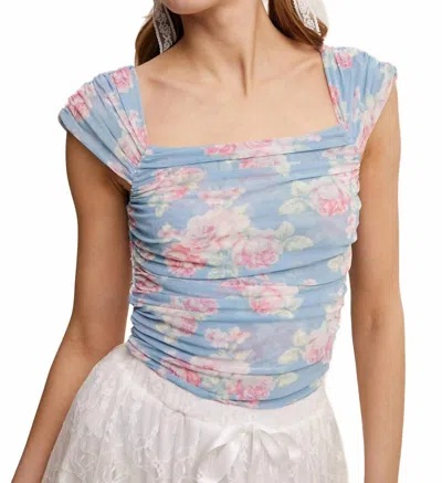Listicle Romantic Double-layer Floral Mesh Top In Light Blue