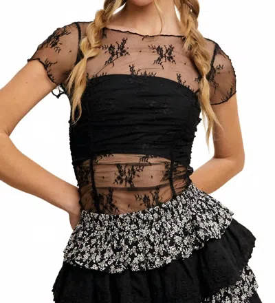 Listicle Semi Sheer Floral Mesh Ruched Layering Top In Black