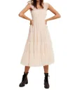 Listicle Smocked Ruffle Tiered Mesh Midi Dress In Champagne In White