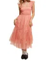 Listicle Smocked Ruffle Tiered Mesh Midi Dress In Coral In Pink