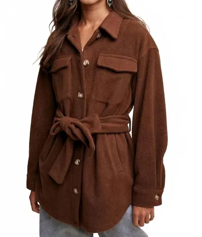 Listicle Soft Teddy Shacket With Tie In Mocha In Brown