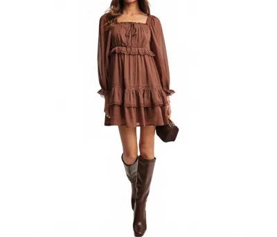 Listicle Square Neck Tiered Puff Sleeve Dress In Mocha In Brown