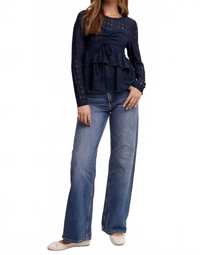 Listicle Stretch Lace Tiered Blouse With Drawstring Detail In Navy In Blue