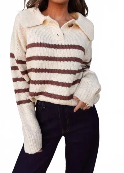 Listicle Striped Knit Collared Sweater In Cream/brown In Multi