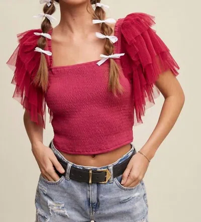 Listicle Tiered Ruffle Sleeve Smocked Square Neck Top In Deep Rose