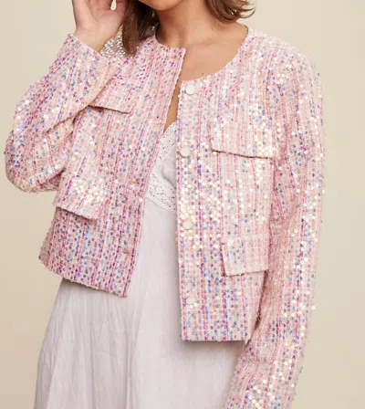 Listicle Tweed Button Down Jacket In Pink In Blue