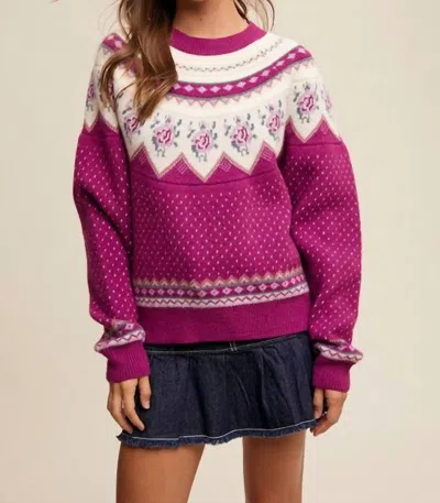 Listicle Vintage Flower Crew Neck Sweater In Plum In Pink