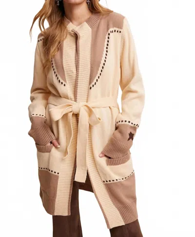 Listicle Western Horseshoe Belted Cardigan In Beige In Multi