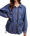 Listicle Women's Denim Utility Jacket With Ruffle Accents In Blue In Blue