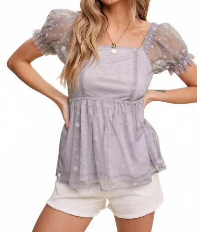 Listicle Women's Swiss Dot Mesh Peplum Blouse In Dusty Blue In Gray