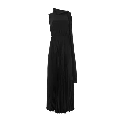 Lita Couture Long Pleated Tie-neck Dress In Black