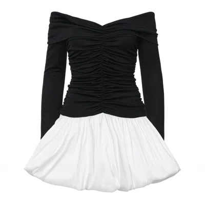 Lita Couture Women's Black / White Off-the-shoulder Ruched Bubble Mini Dress In Black-white