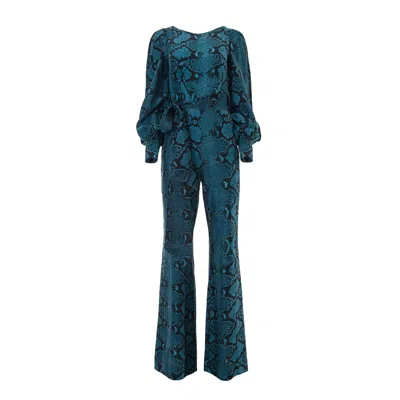 Lita Couture Women's Extended Cuff Jumpsuit In Blue Snake Tones Silk