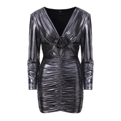 Lita Couture Women's Grey Ruched Floral-appliqué Metallic Dress In Gray