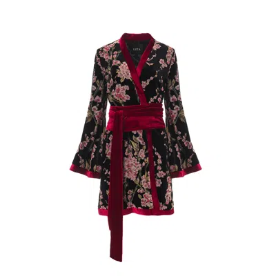 Lita Couture Women's Kimono Floral Print Dress In Velvet Silk In Pink