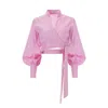Lita Couture Women's Pink / Purple Puffed Sleeve Cropped Linen Blouse In Pink/purple