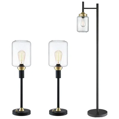 Lite Source Luken Black And Brass Floor And Table Usb Lamps Set Of 3