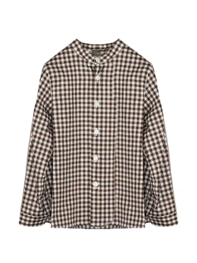 Little Bear Babies' Checked Mandarin-collar Shirt In Brown
