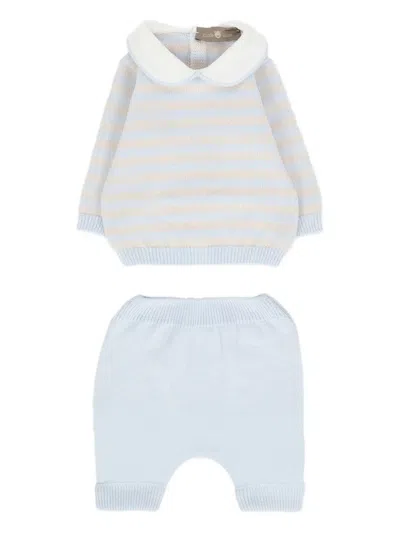 Little Bear Babies' Peter Pan-collar Striped Sweater And Trousers In Blue