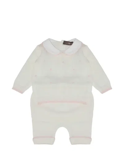 Little Bear Polka-dot-embroidered Wool Babygrow Set In 白色