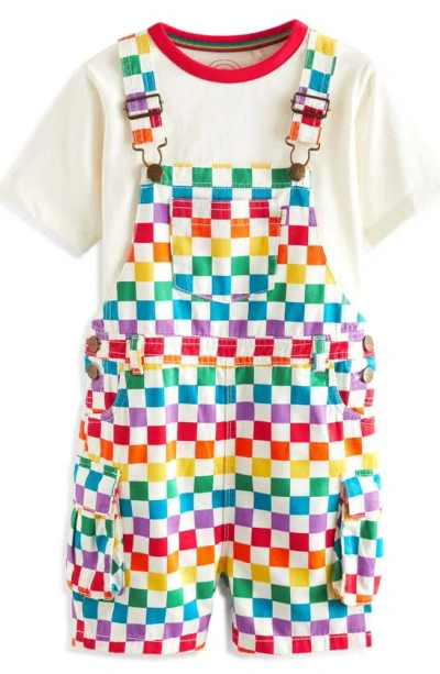 Little Bird Kids' Checkerboard Short Overalls & T-shirt Set In White Rainbow