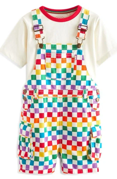 Little Bird Kids' Checkerboard Short Dungarees & T-shirt Set In White Rainbow