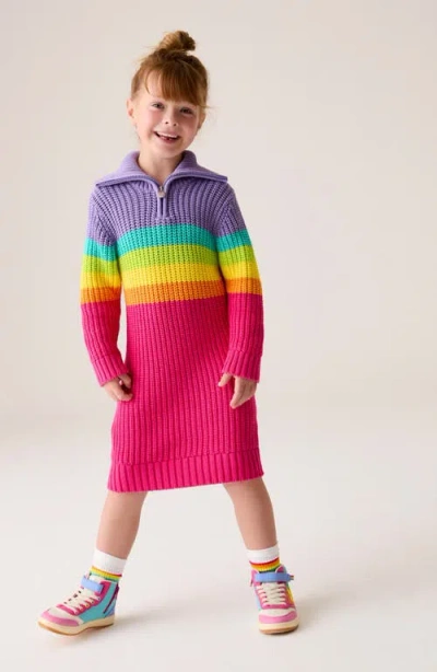 Little Bird Kids' Rainbow Stripe Long Sleeve Cotton Quarter Zip Sweater Dress In Pink