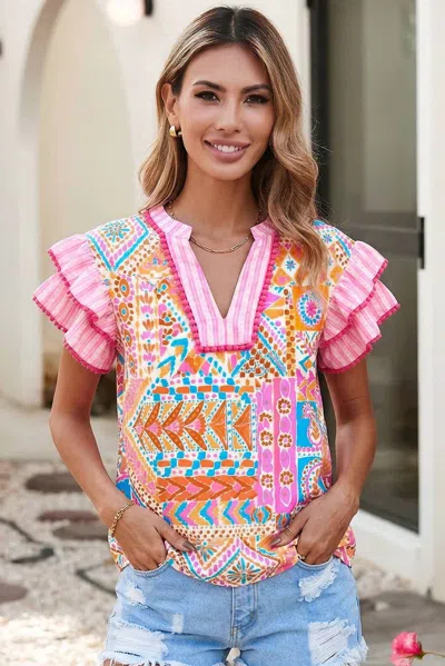 Little Daisy Closet Boho Contrast Striped Patchwork Tiered Blouse In Rose In Multi