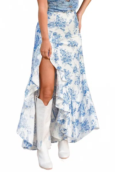 Little Daisy Closet Boho Floral High Waist Ruffle Split Maxi Skirt In Blue/white