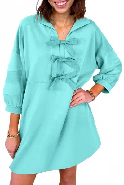 Little Daisy Closet Bow Long Sleeve Mini Dress In Turquoise In Blue
