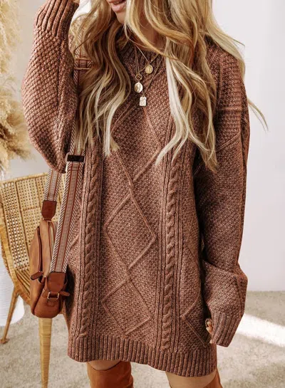 Little Daisy Closet Cable Knit Drop Shoulder Loose Fit Sweater Dress In Coffee In Brown