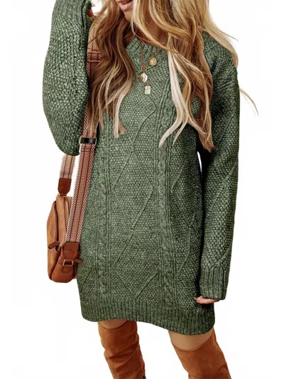 Little Daisy Closet Cable Knit Drop Shoulder Loose Fit Sweater Dress In Mist Green