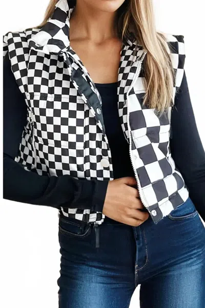 Little Daisy Closet Checkerboard Stitched Zip-up Stand Neck Vest In Black