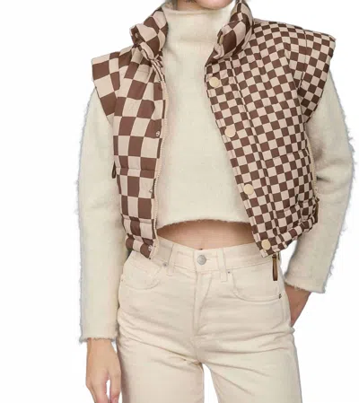 Little Daisy Closet Checkerboard Stitched Zip Up Stand Neck Vest In Brown