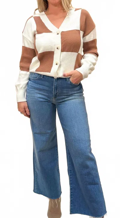 Little Daisy Closet Checkered Ribbed V Neck Sweater Cardigan In Beige