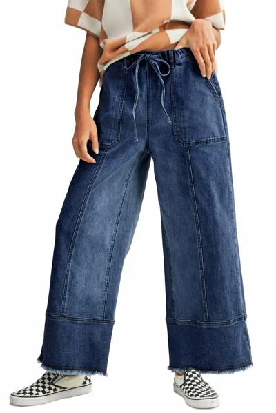 Little Daisy Closet Coastal Wide Leg Raw Hem Drawstring Jeans In Med - Dark Wash In Blue