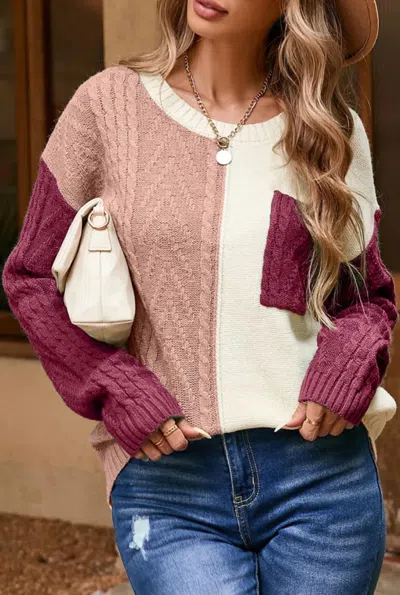 Little Daisy Closet Colorblock Patched Pocket Drop Shoulder Sweater In Berry/beige In Multi