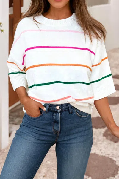 Little Daisy Closet Colorblock Striped Half Sleeve Drop Shoulder Sweater In White