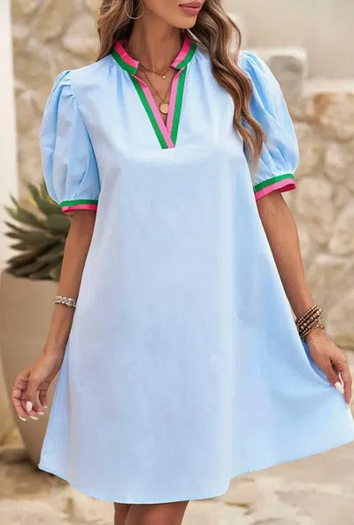 Little Daisy Closet Contrast Trim Puff Sleeve Mini Dress In Blue